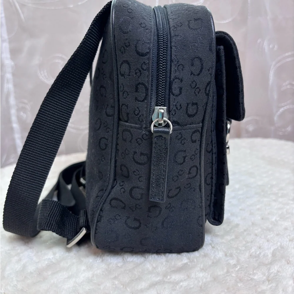 Guess Black Monogram Canvas Crossbody w/Silvertone Logo Buckle